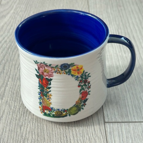 Anthropologie Nathalie Lete Monogram Initial D Cup Floral Cat Blue Mug - Picture 1 of 5